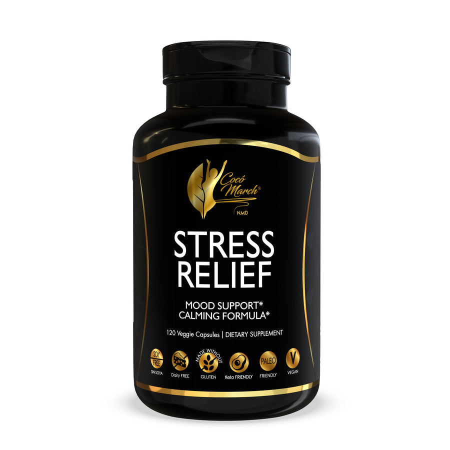 Stress Relief By Cocó March - 28 Plants & Vitamins For Mood Support, Calming Non-Sedative Formula - Soy Free, Gluten Free, Keto Friendly, Dairy Free, Paleo Friendly, Vegan - 120 Capsules.