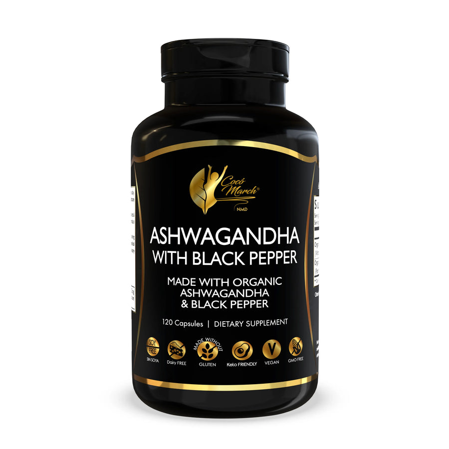 Organic Ashwagandha with Black Pepper By Cocó March - Supports Nervous and Immune Systems, Adrenal Health, Increases Energy - Free From: Gluten, Dairy, Soy, GMOs, Vegan, Keto Friendly - 120 Capsules.