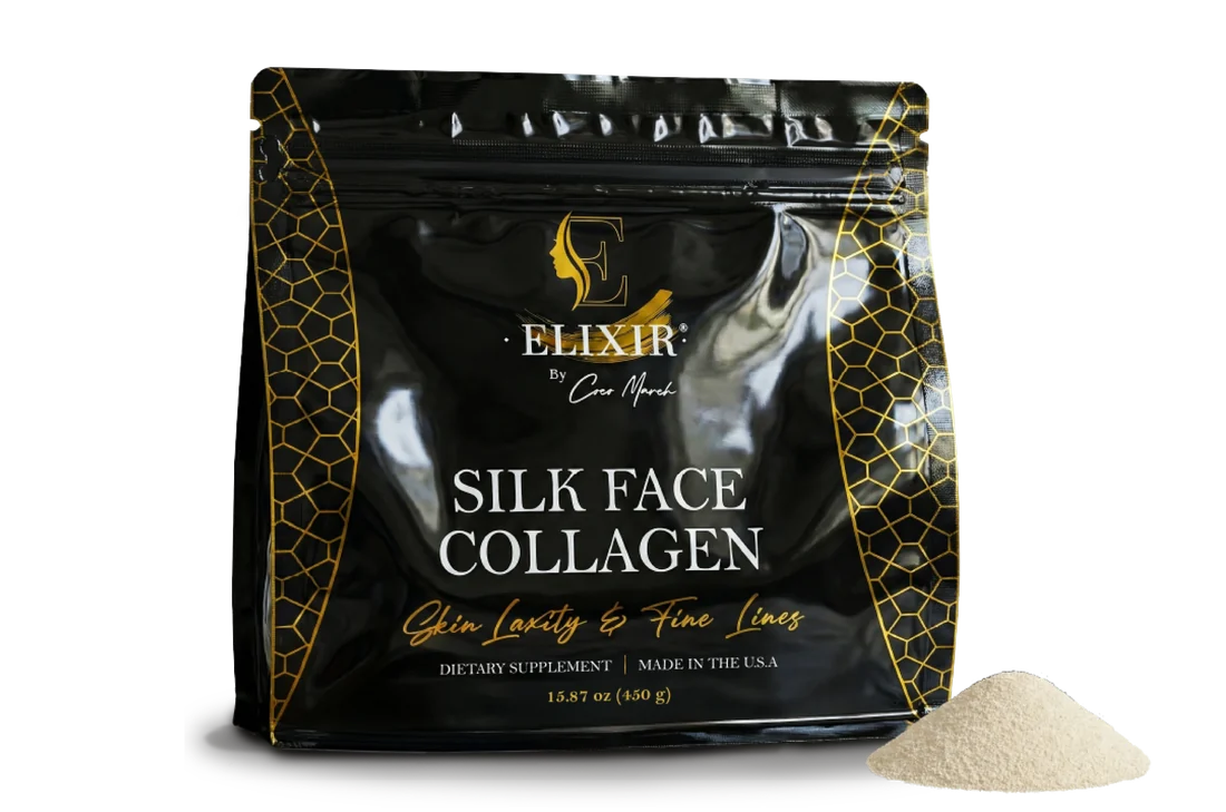 Silk Face Collagen pouch, 15.87 oz (450 g), beside a mound of the powder