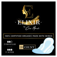 Certified Organic Cotton Hypoallergenic Pads - For Sensitive Skin, Chemical Free With Wings - Ultra-Thin, Plant Based Biodegradable Back Sheet &amp; Wrapper - 28 ct (20 Regular + 8 Super) - Elixir By Cocó March.