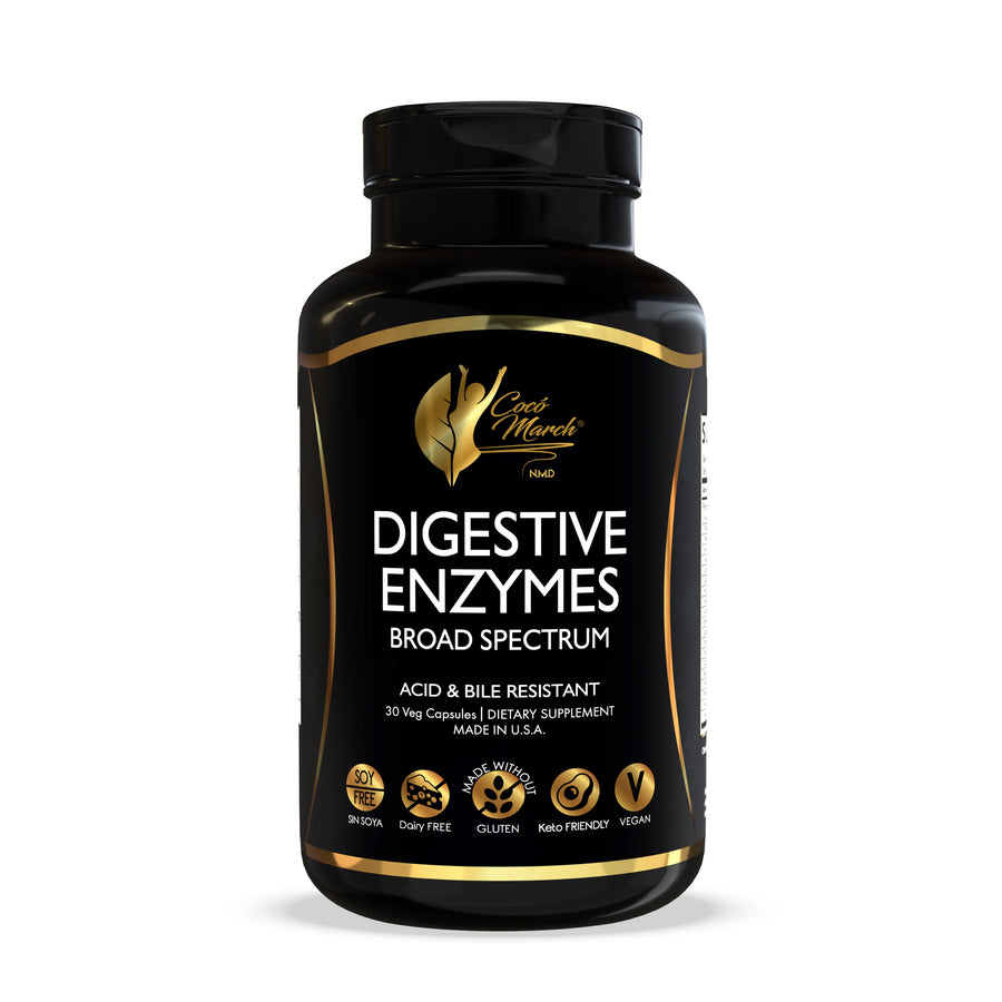 Digestive Enzymes By Cocó March - 18 Powerful Enzymes For Digestive Support For Adults &amp; Children - Acid And Bile Resistant - Dairy Free, Vegan - 600 Mg Proprietary Blend - 30 Capsules.