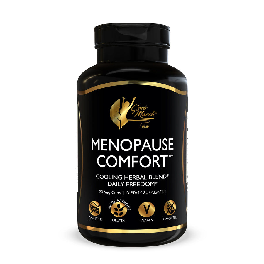 Menopause Comfort By Cocó March - Fast Hot Flash Relief, Cooling Herbal Blend - Dairy Free, Gluten Free, Vegan, GMO Free - 90 Veggie Caps.