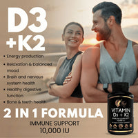 Vitamin D3+K2 10,000 IU By Cocó March - High Potency - Immune And Joint Health, Gluten Free, GMO Free, Dairy Free, Keto Friendly, Paleo Friendly, 250 mcg of D3 + 180 mcg of Vitamin K2 - 120 Softgels.