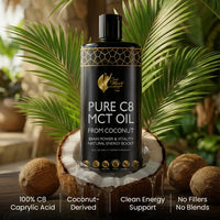 Pure C8 MCT Oil From Coconut By Cocó March — our next‑generation MCT oil made with 100% caprylic acid (C8), a fast‑absorbing medium‑chain triglyceride known to convert to ketones for clean, fast energy and to support mental focus and vitality. Free of glu