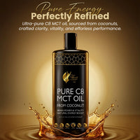 Pure C8 MCT Oil From Coconut By Cocó March — our next‑generation MCT oil made with 100% caprylic acid (C8), a fast‑absorbing medium‑chain triglyceride known to convert to ketones for clean, fast energy and to support mental focus and vitality. Free of glu