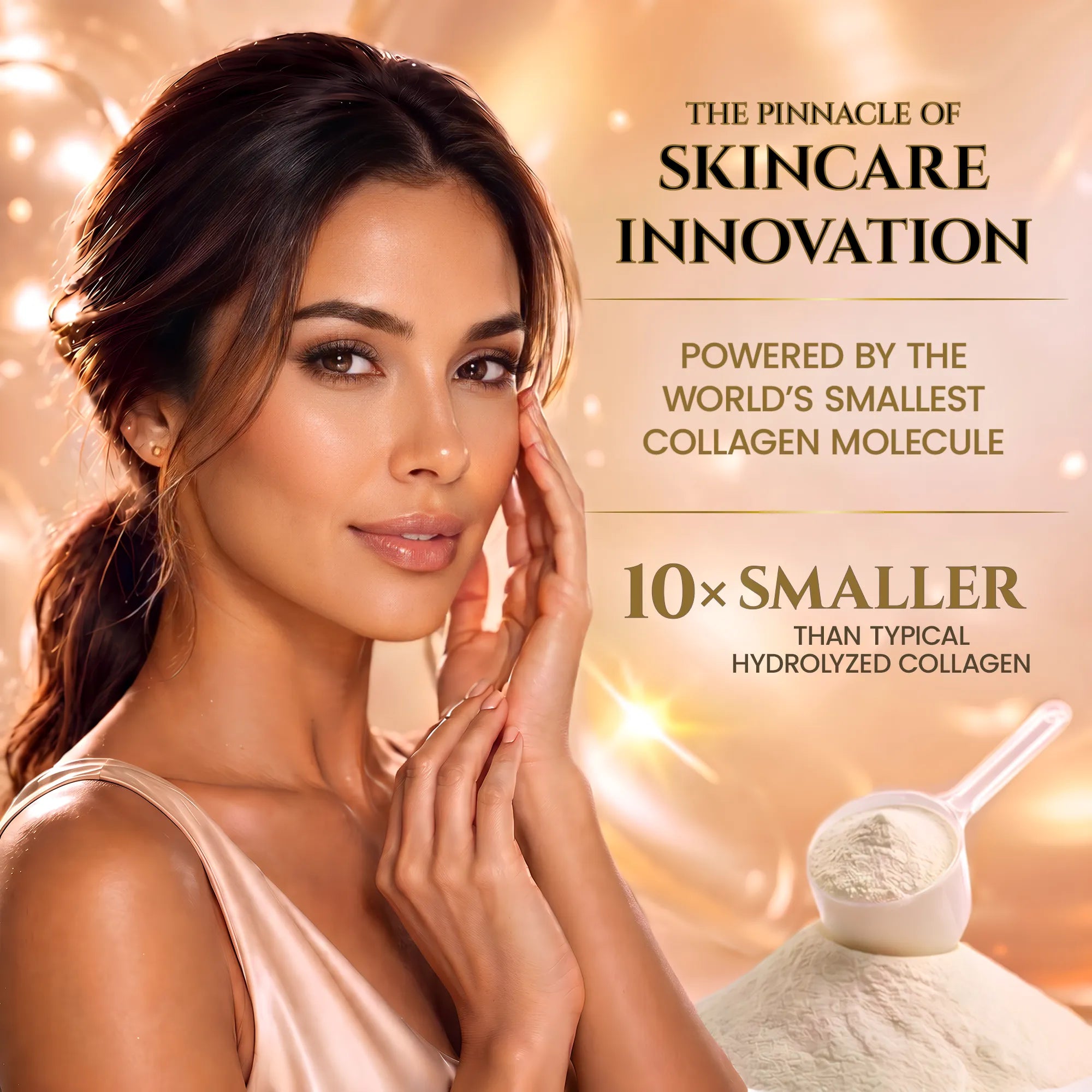 Woman with luminous skin beside a scoop of Silk Face Collagen powder