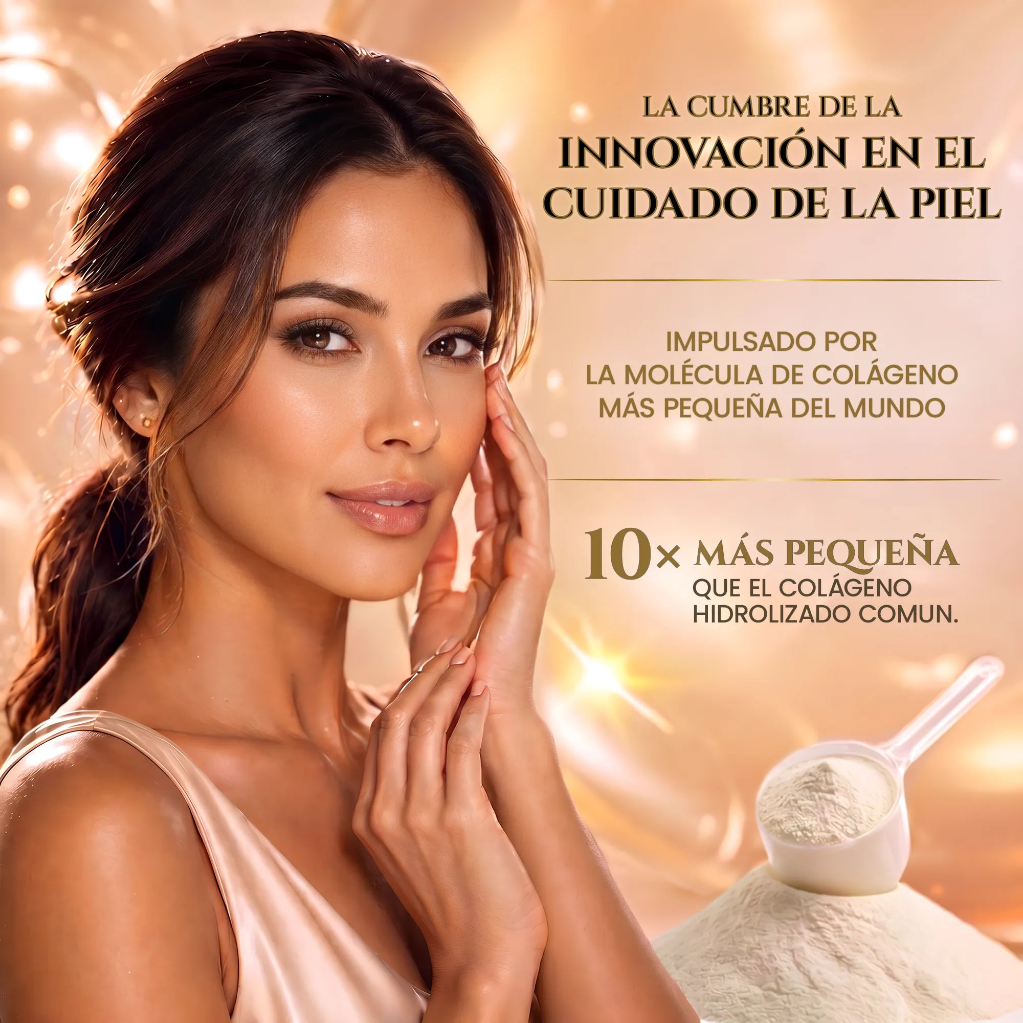 Mujer de piel luminosa junto a una cucharada de Silk Face Collagen en polvo