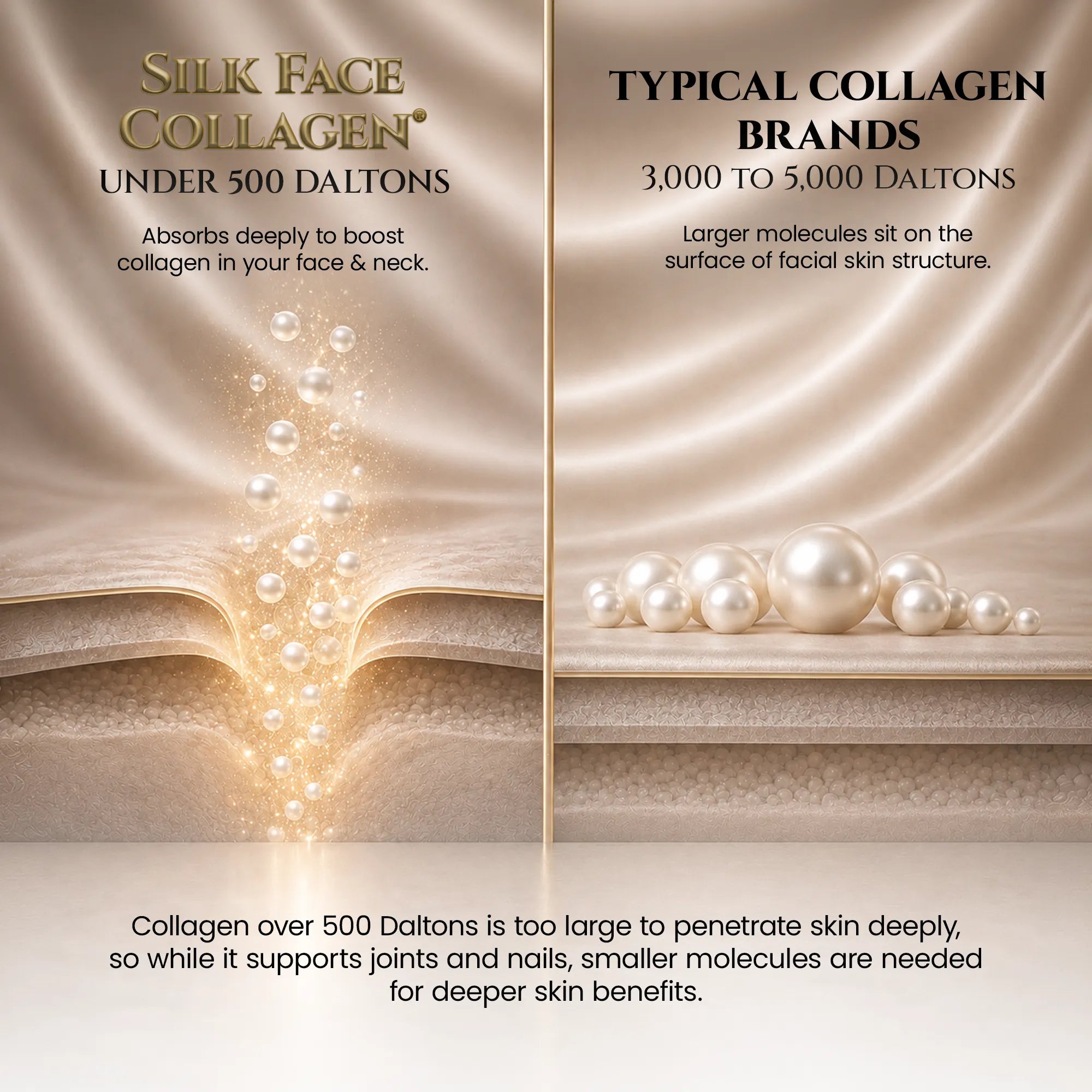 Comparison: Silk Face Collagen under 500 daltons versus common collagen at 3,000 to 5,000 daltons