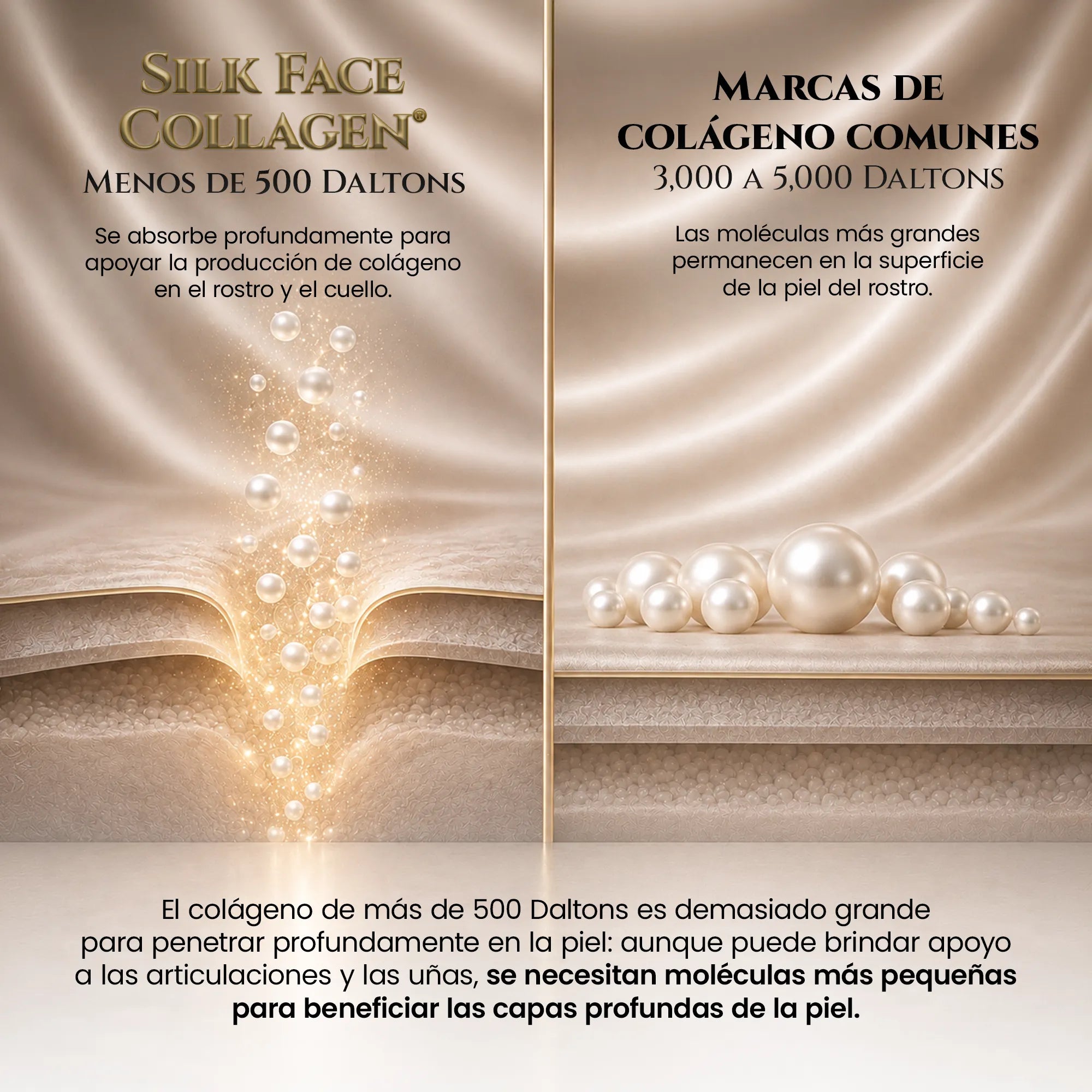Comparación: Silk Face Collagen bajo 500 daltons frente al colágeno común de 3000 a 5000 daltons