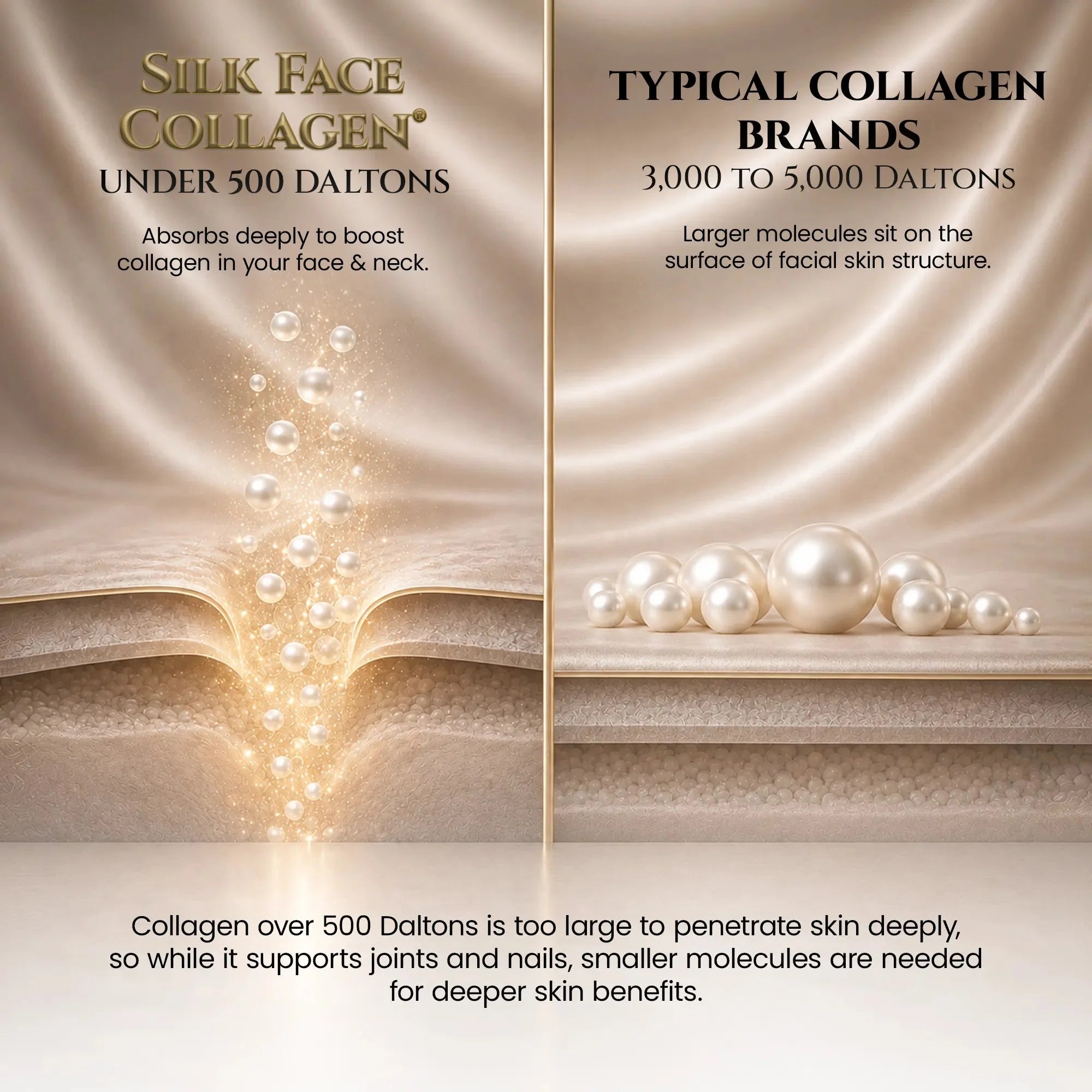Comparison: Silk Face Collagen under 500 daltons versus common collagen at 3,000 to 5,000 daltons