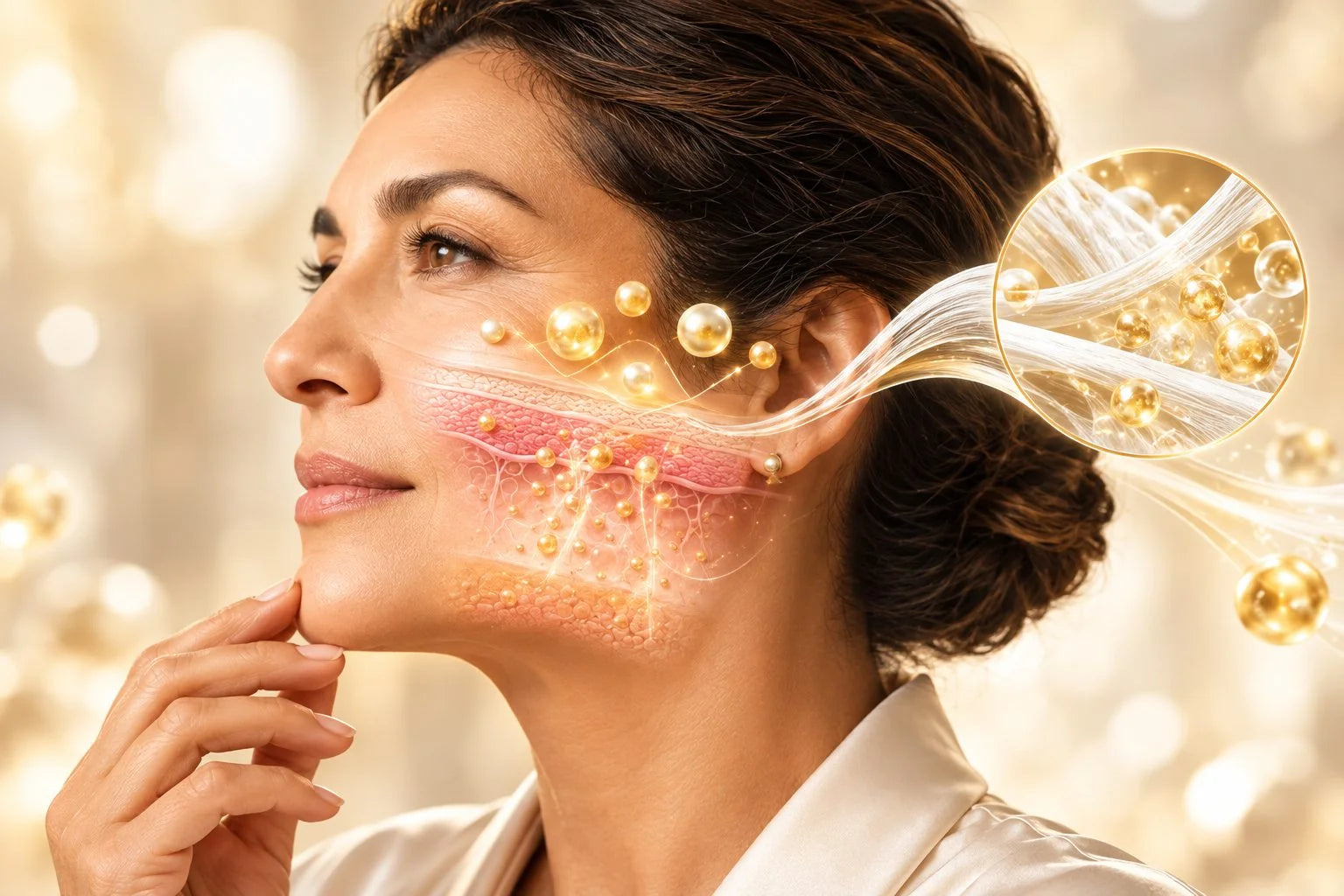 Woman touching her cheek, with an illustration of silk threads carrying moisture into the skin
